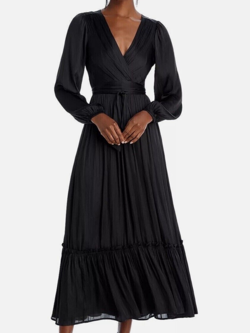 NWT AQUA Black Satin Surplice Long Sleeve Tie Waist Maxi Dress Size Large